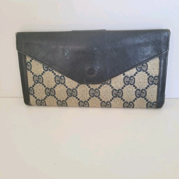 GUCCI Logo Envelope Leather Wallet Long Bifold Navy Blue Large Vintage - Picture 2 of 13